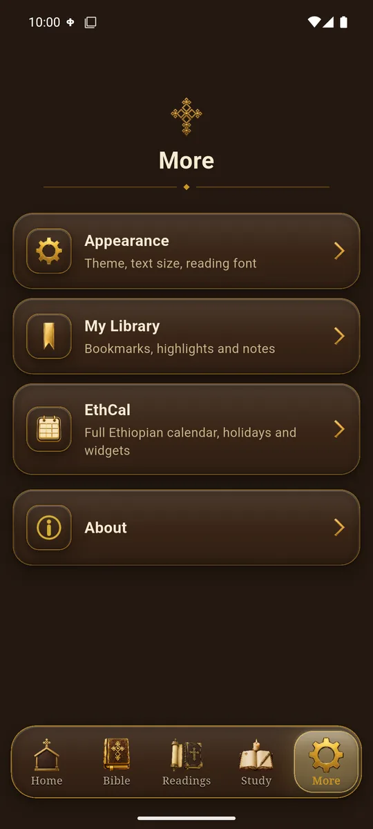 ETH Bible library and settings screen.