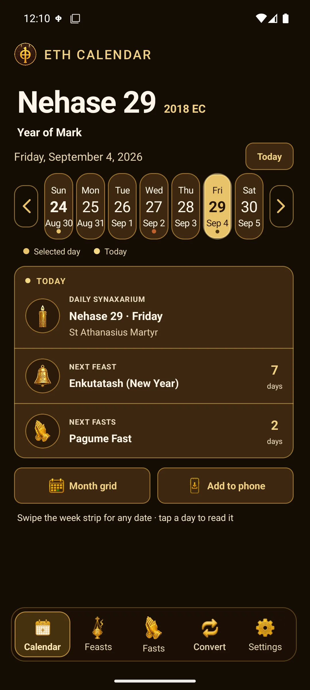 ETH Calendar today screen with the daily Synaxarium, next feast, and fasting information.