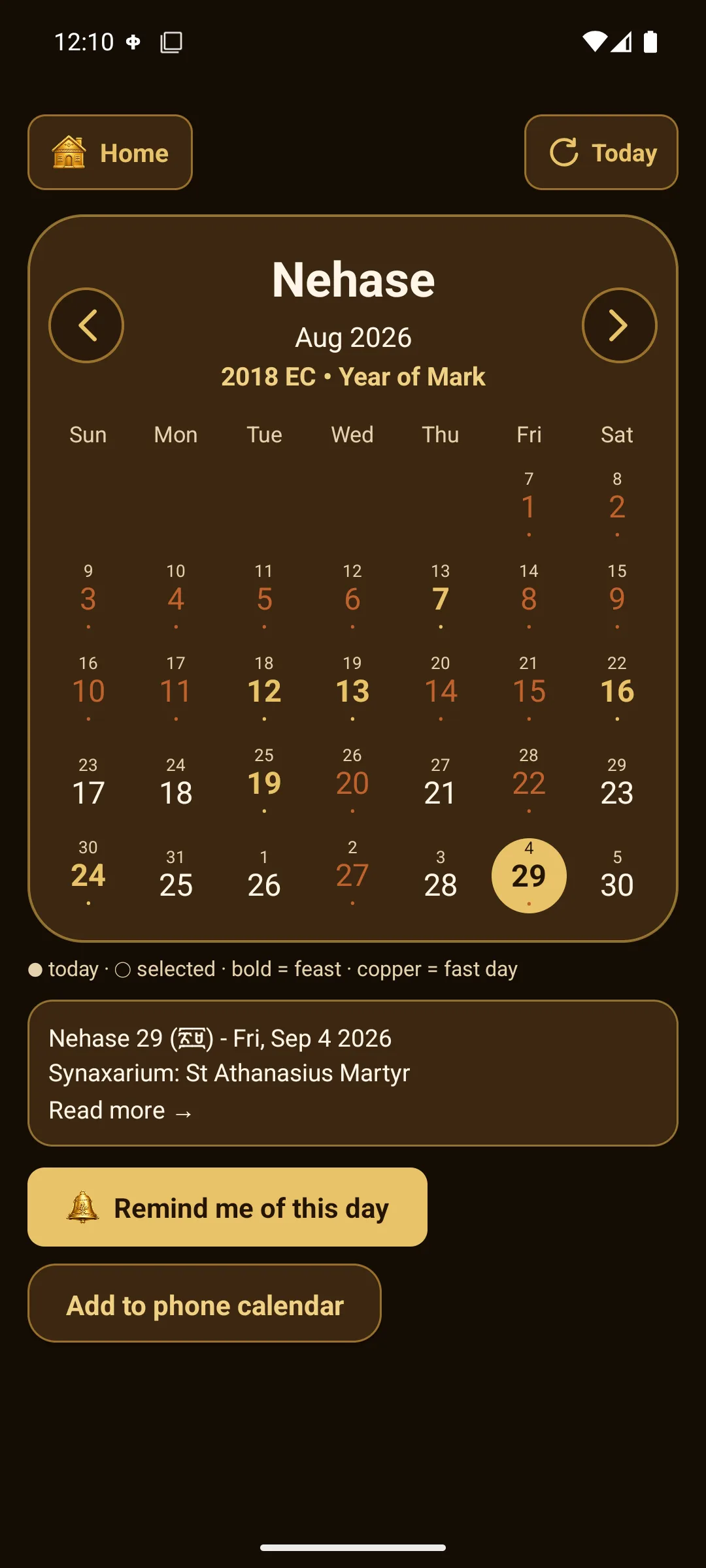 ETH Calendar full month view with Ethiopian dates, feasts and fasting days.