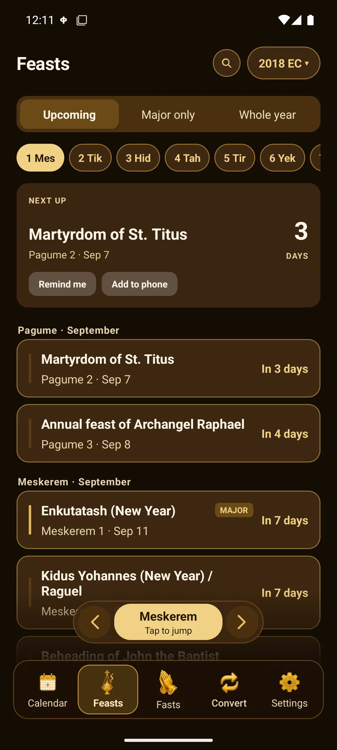 ETH Calendar Feasts screen with upcoming Ethiopian Orthodox feasts.