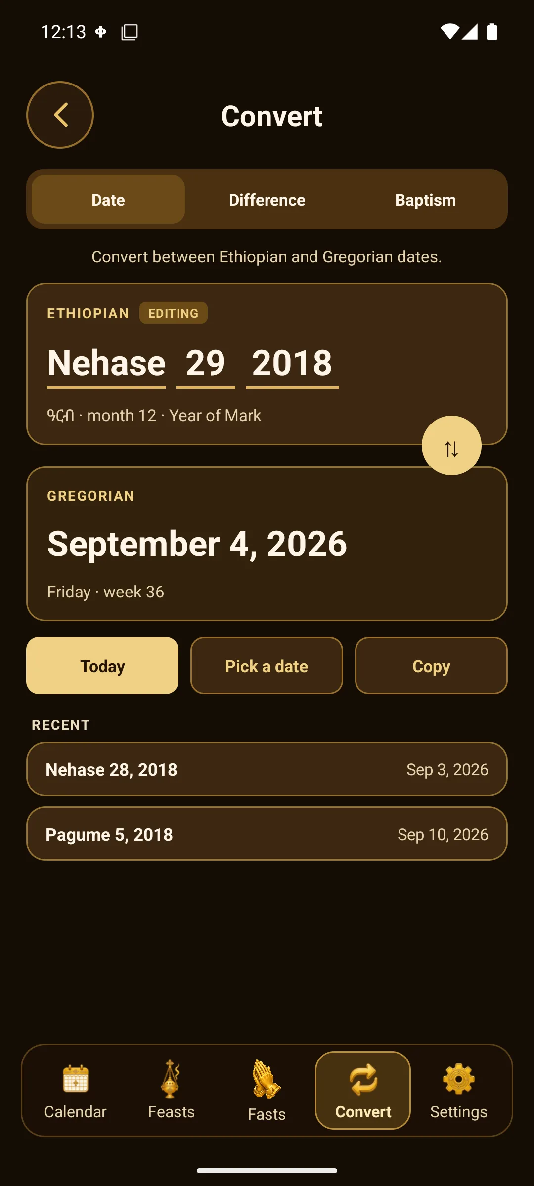 ETH Calendar date converter between Ethiopian and Gregorian dates.